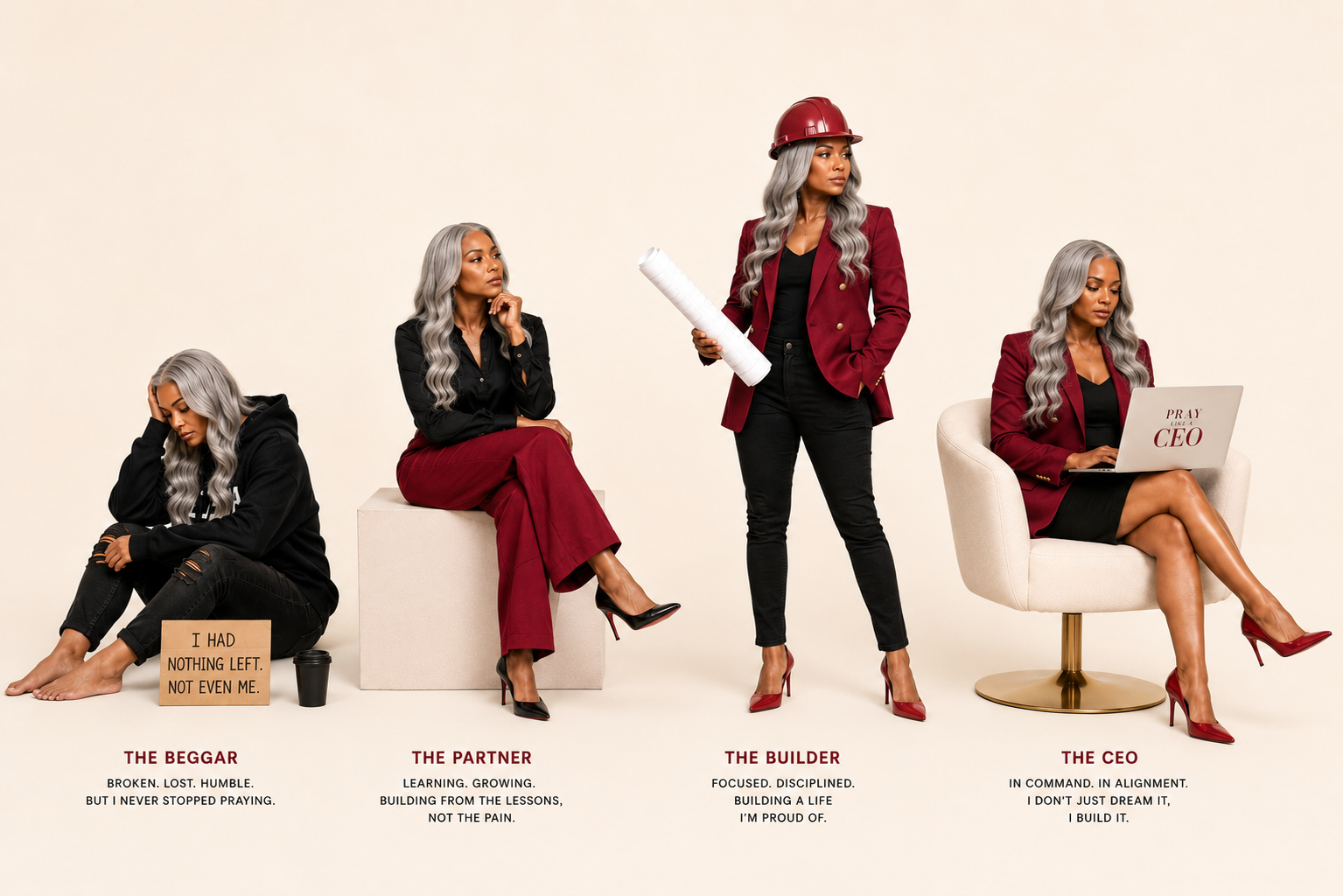 Visual showing a woman's journey from Beggar to Partner to Builder to CEO.